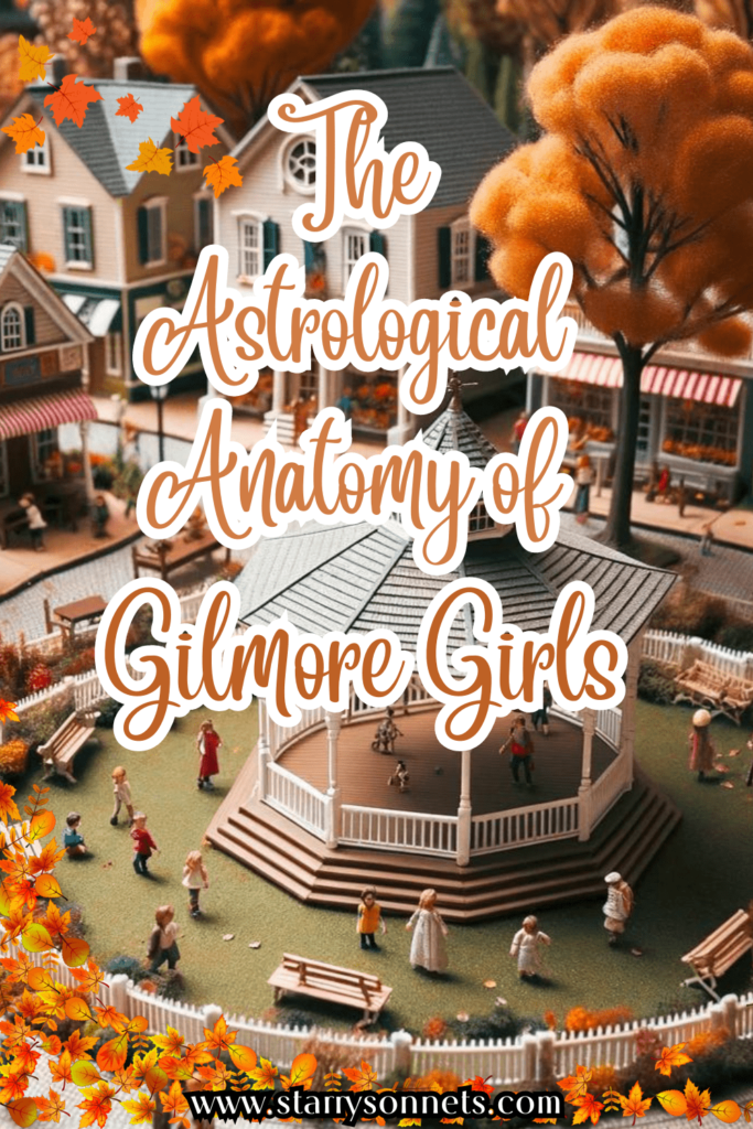 Pinterest Image for Gilmore Girls Zodiac Signs with a Gazebo in the background.