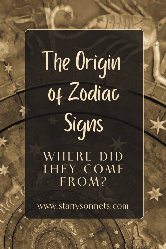 Pinterest text image about the origin of zodiac signs