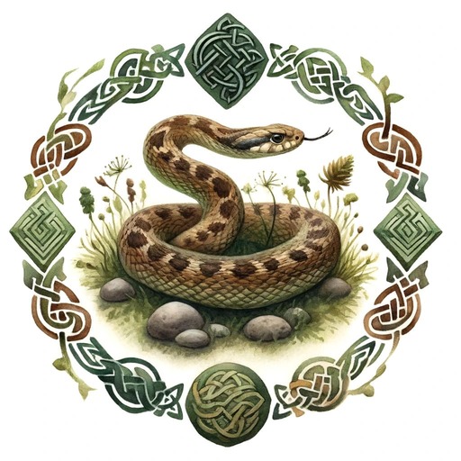 Image of an Adder surrounded by celtic symbols