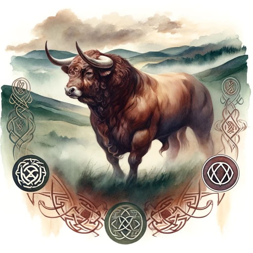 Bull in a grassy field with mountains in the background as one of the Celtic Zodiac Signs
