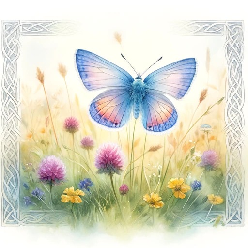 Butterfly in a flower meadow with a celtic symbol border