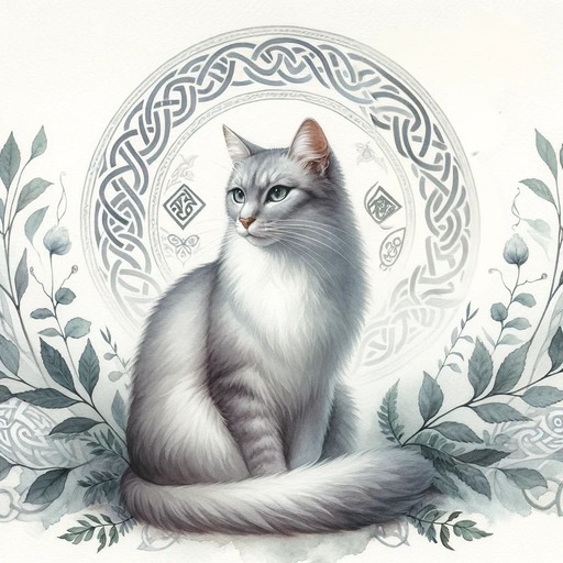 Grey Cat with leaves and celtic symbols in the background