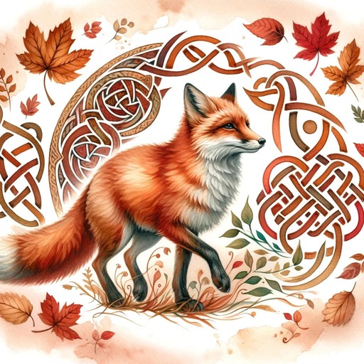 Fox with leaves and celtic symbols in the background