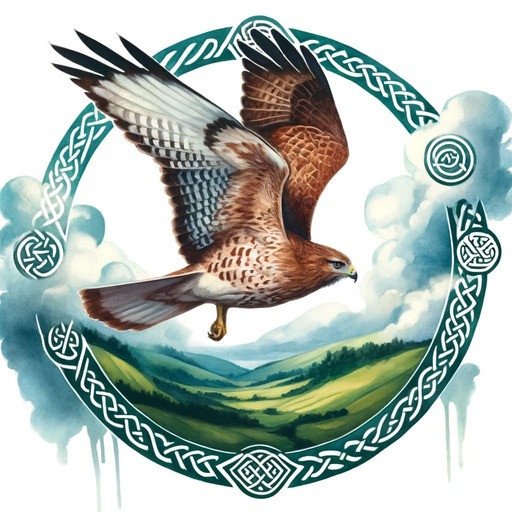 Haw flying through a green landscape with celtic symbols as decoration