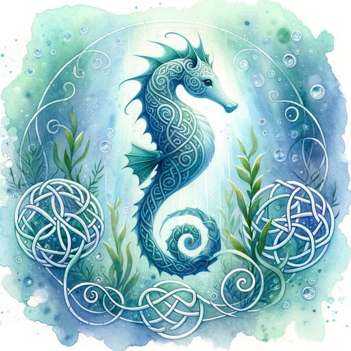 Sea horse in an underwater scene with celtic symbols