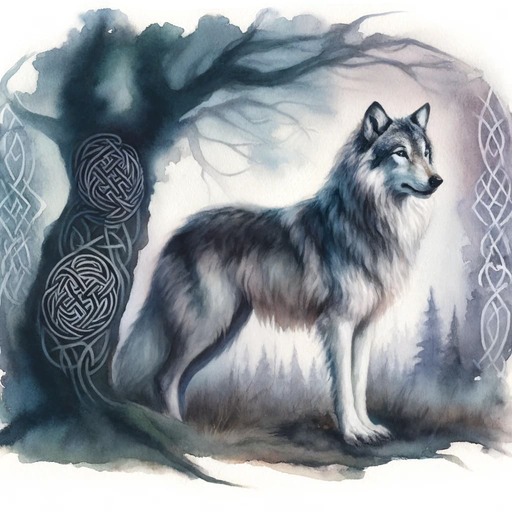 Wolf in a forest with celtic symbols as decoration