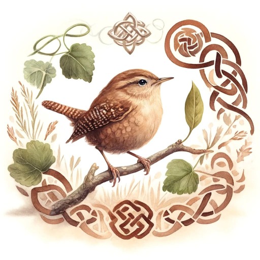 Wren bird sitting on a tree surrounded by leaves and celtic symbols